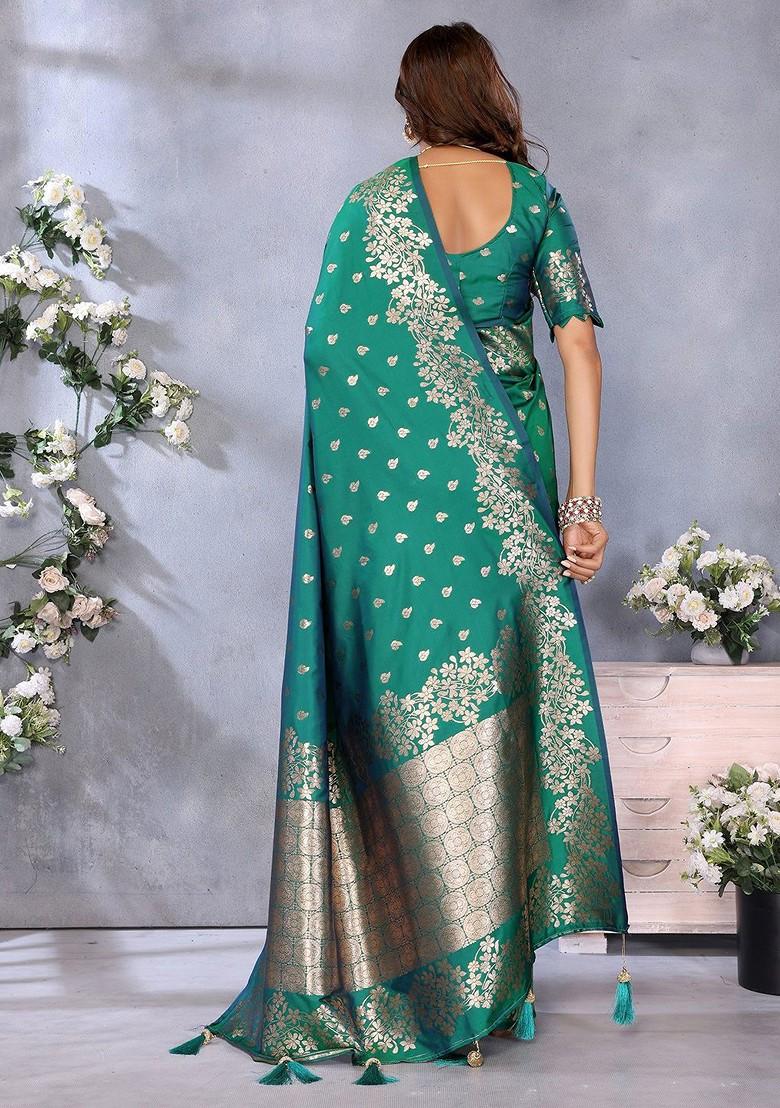 Green Embroidered Blended Saree Set - Indya