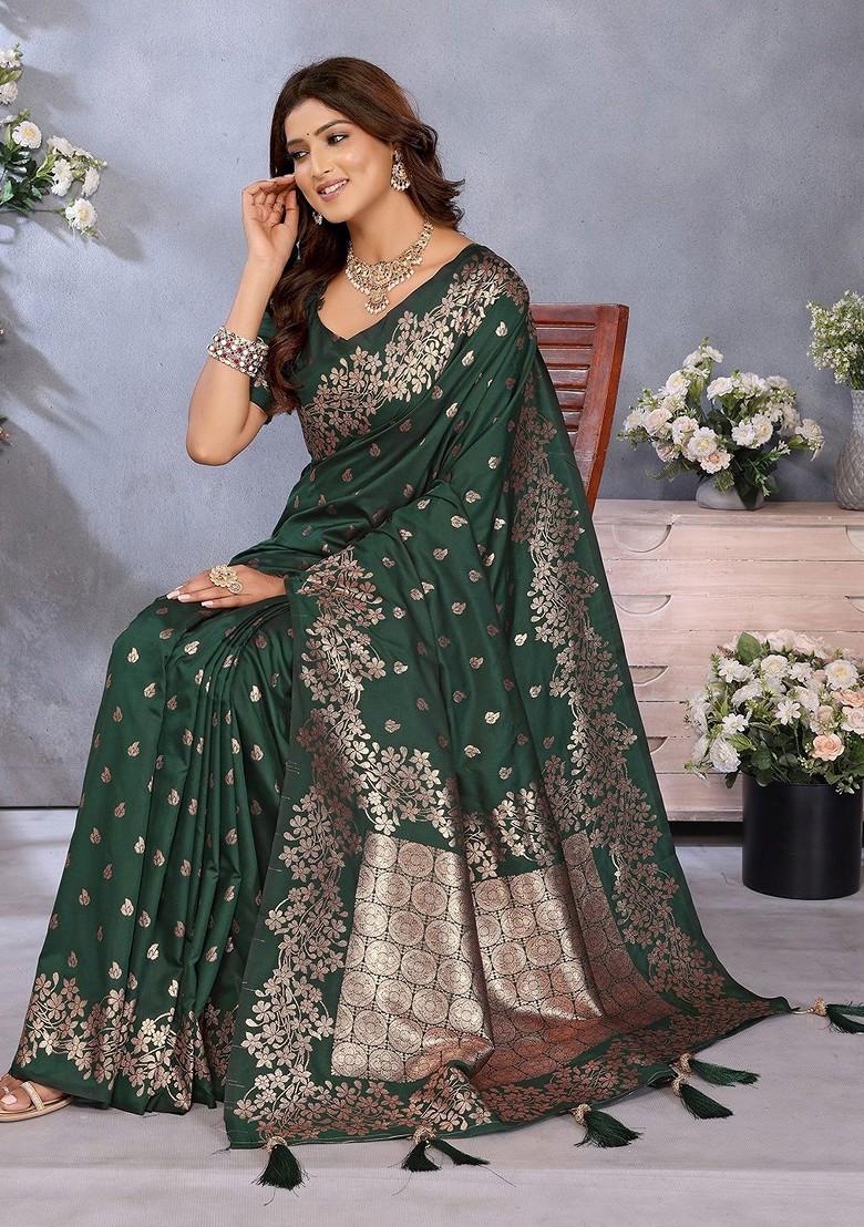 Green Embroidered Blended Saree Set - Indya