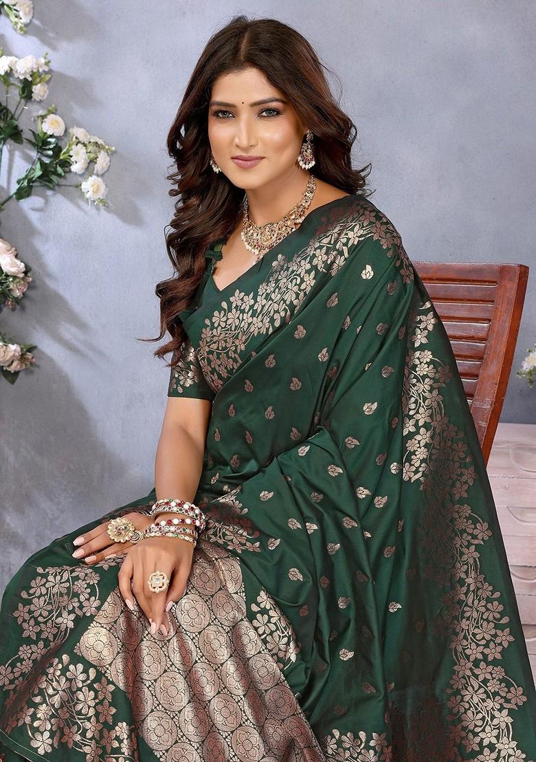 Green Embroidered Blended Saree Set - Indya