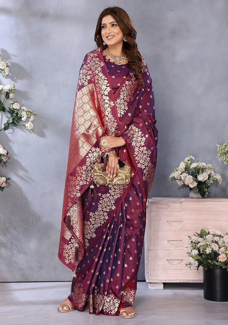 Maroon Embroidered Blended Saree Set - Indya