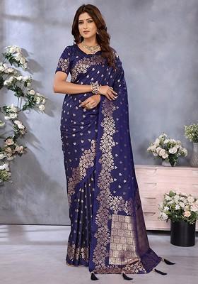Blue Embroidered Blended Saree Set