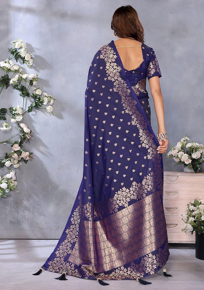 Blue Embroidered Blended Saree Set - Indya