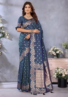 Blue Embroidered Blended Saree Set