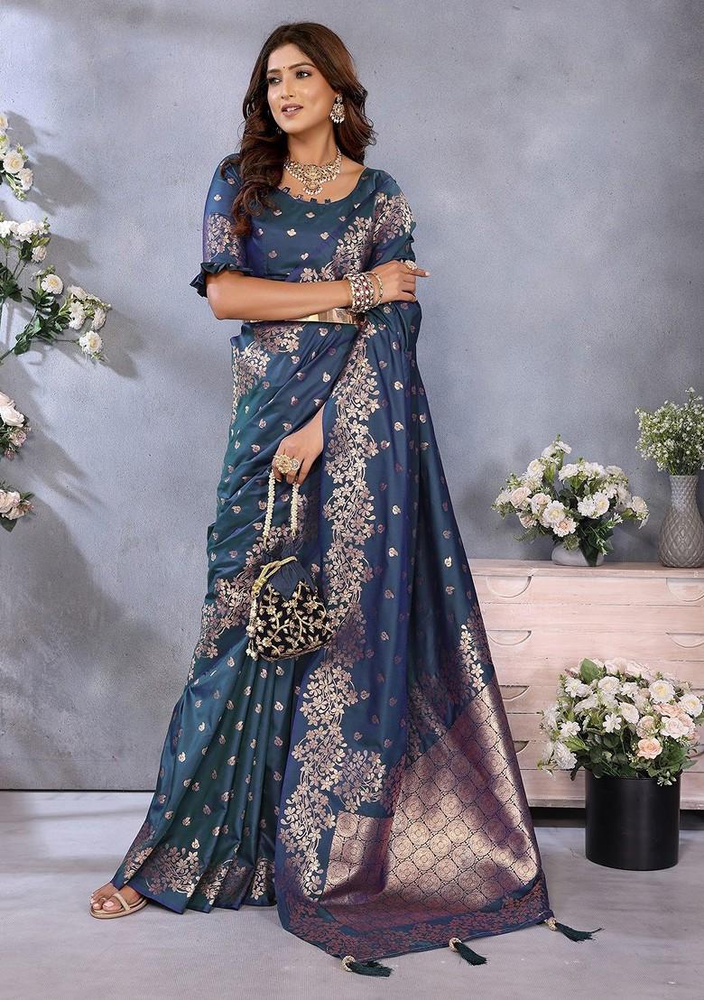 Blue Embroidered Blended Saree Set - Indya