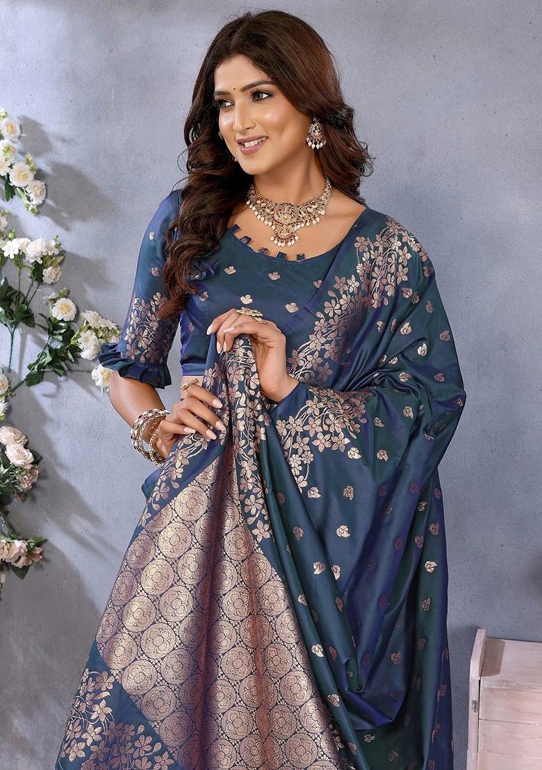 Blue Embroidered Blended Saree Set - Indya