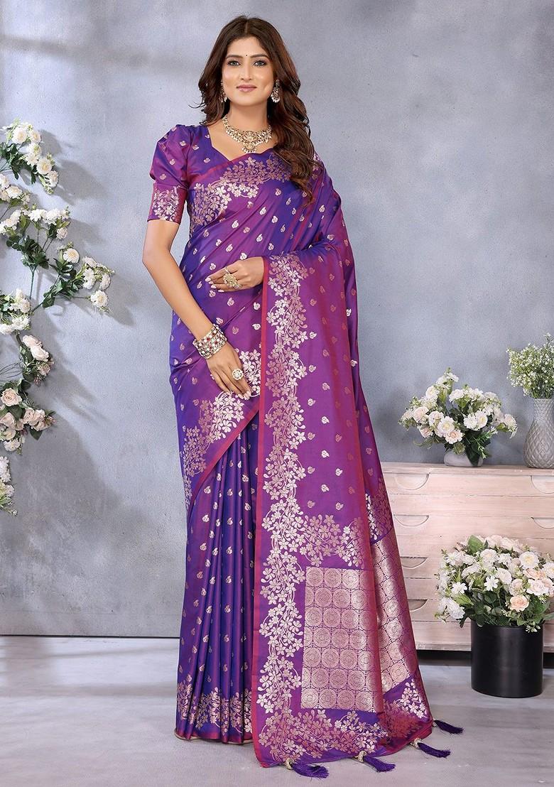 Purple Embroidered Blended Saree Set - Indya