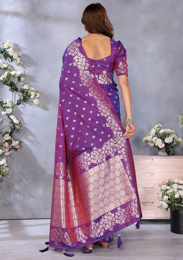 Purple Embroidered Blended Saree Set - Indya