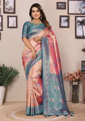 Peach Embroidered Blended Saree Set