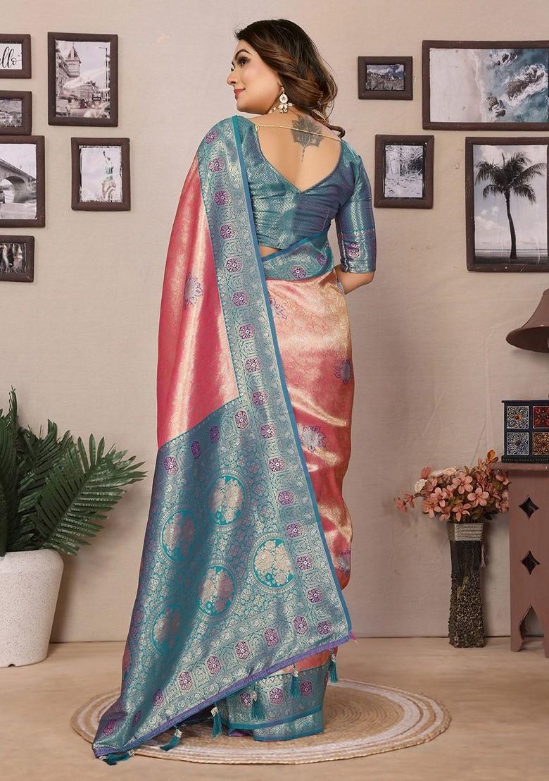 Peach Embroidered Blended Saree Set - Indya