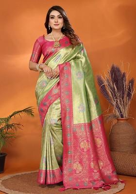 Green Embroidered Blended Saree Set