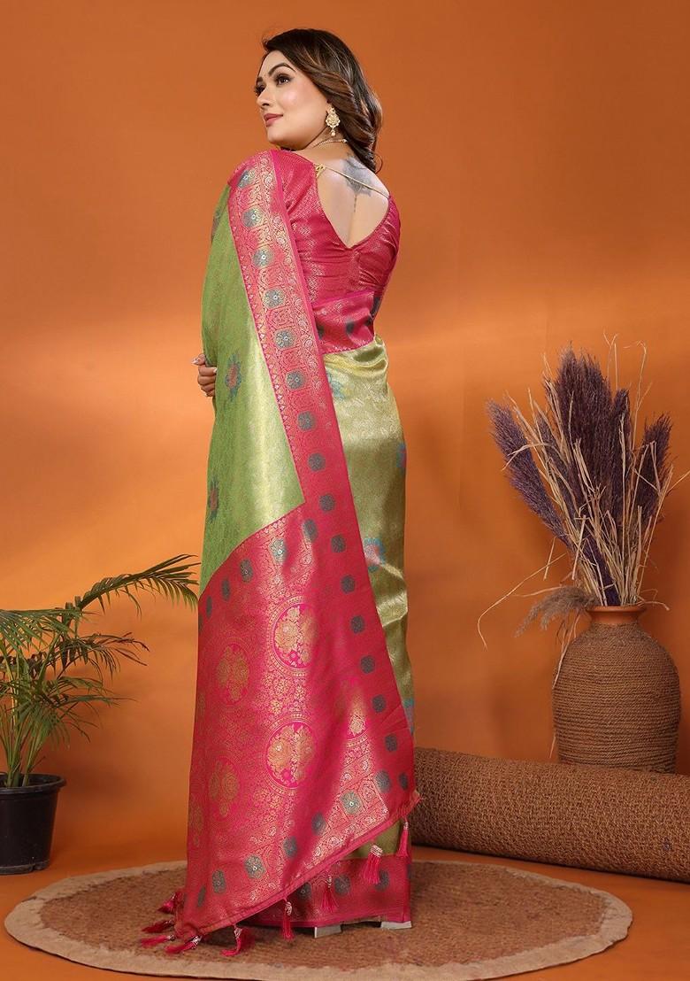 Green Embroidered Blended Saree Set - Indya