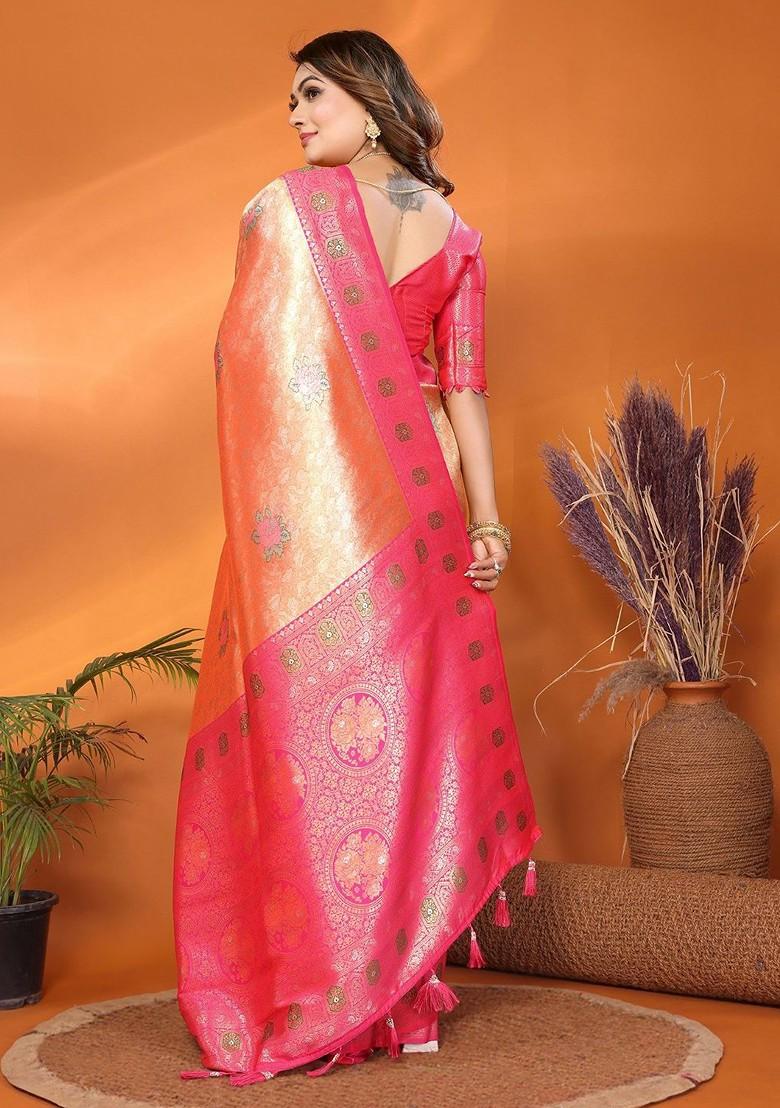 Orange Embroidered Blended Saree Set - Indya