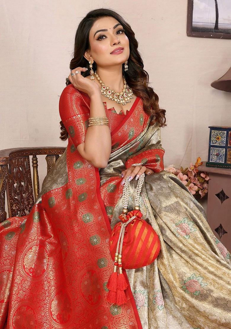 Gold Embroidered Blended Saree Set - Indya