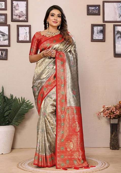 Gold Blended Saree Set with Embroidered for Diwali | Wedding & Festive Wear