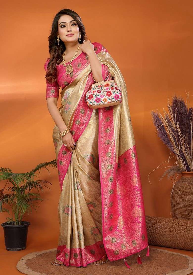 Beige Embroidered Blended Saree Set for Diwali and Festive Wear - Indya