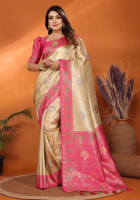 Beige Embroidered Blended Saree Set for Diwali and Festive Wear