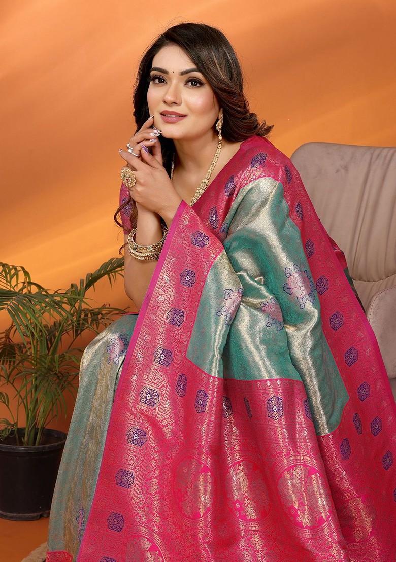 Green Embroidered Blended Saree Set - Indya