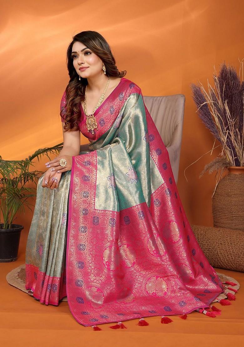 Green Embroidered Blended Saree Set - Indya