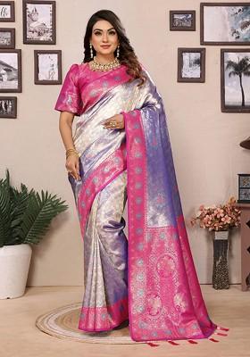 Lavender Embroidered Blended Saree Set