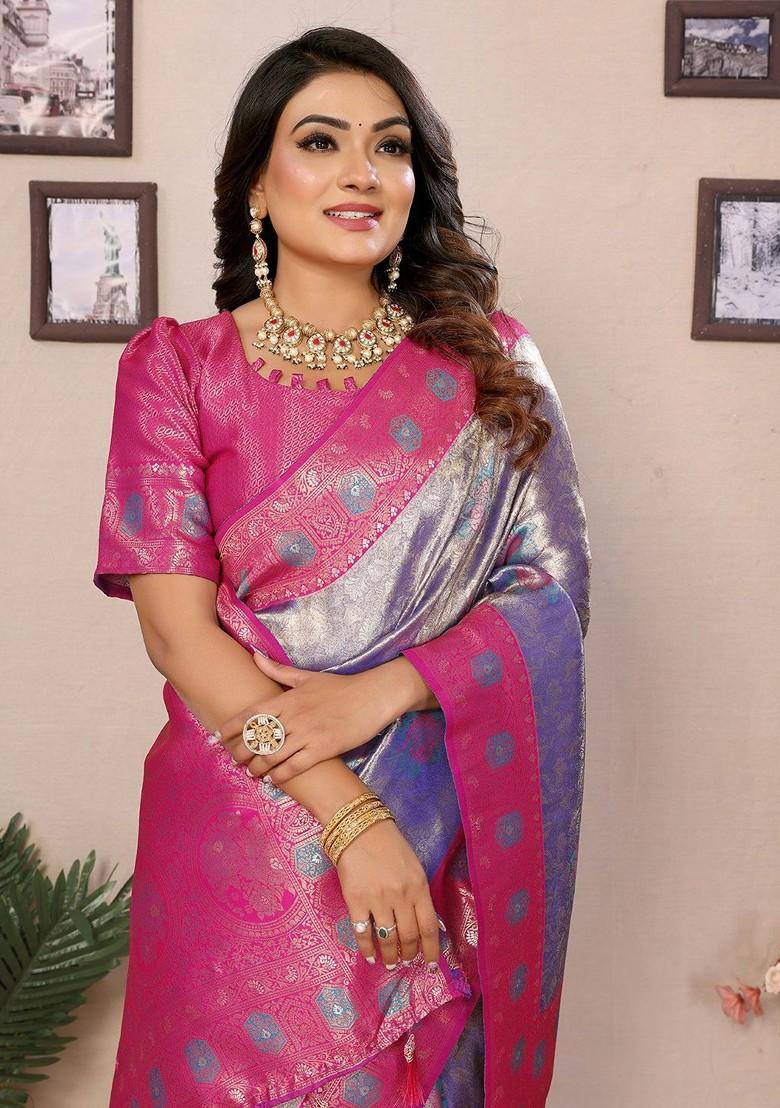 Lavender Embroidered Blended Saree Set - Indya