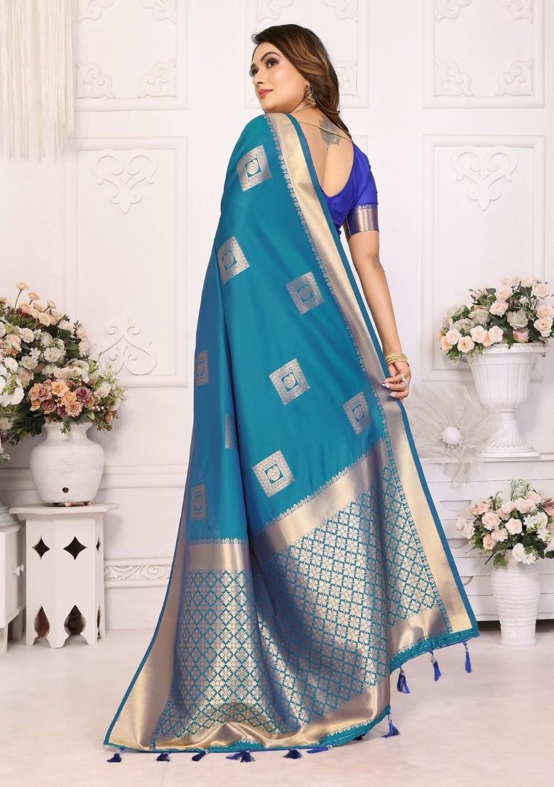Blue Embroidered Blended Saree Set - Indya