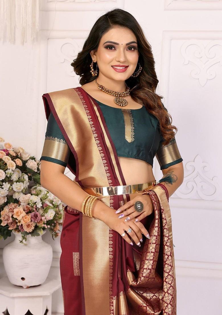 Maroon Embroidered Blended Saree Set - Indya