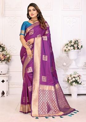 Purple Embroidered Blended Saree Set