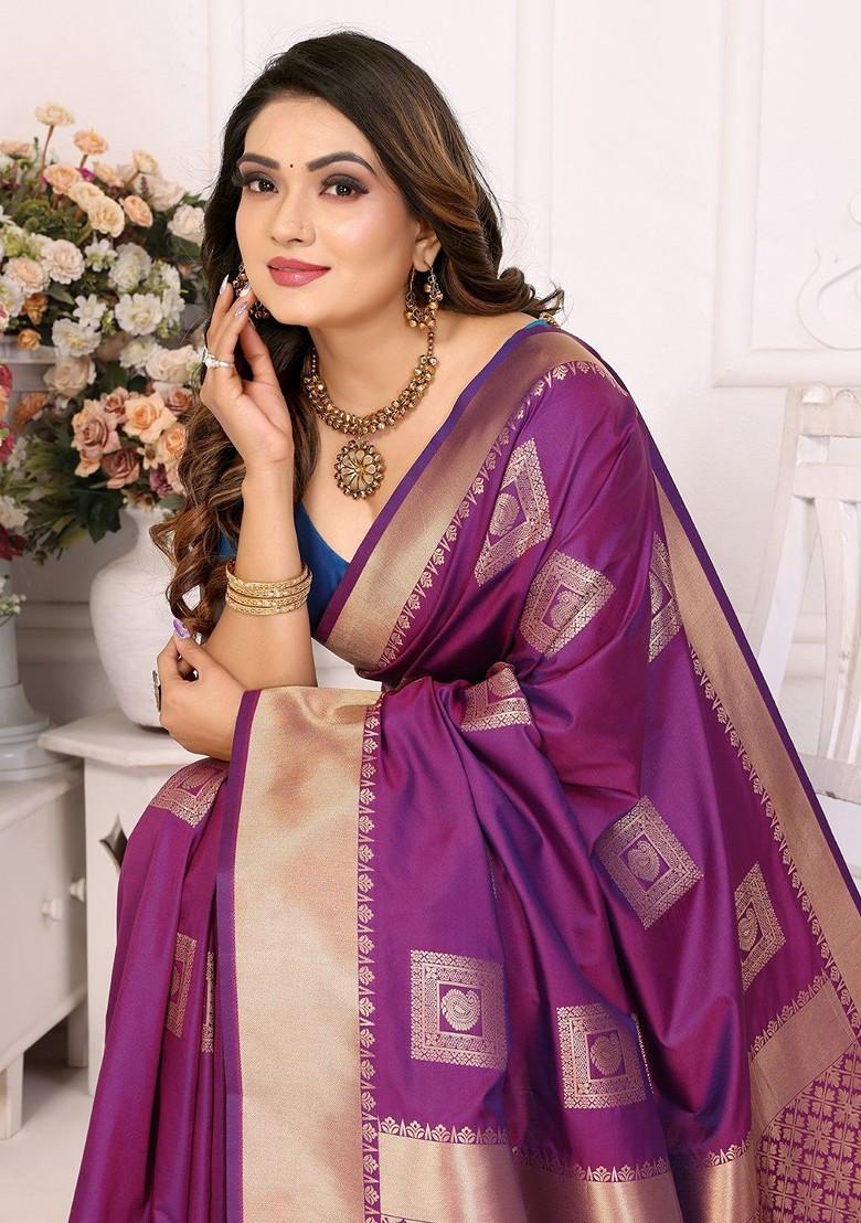 Purple Embroidered Blended Saree Set - Indya