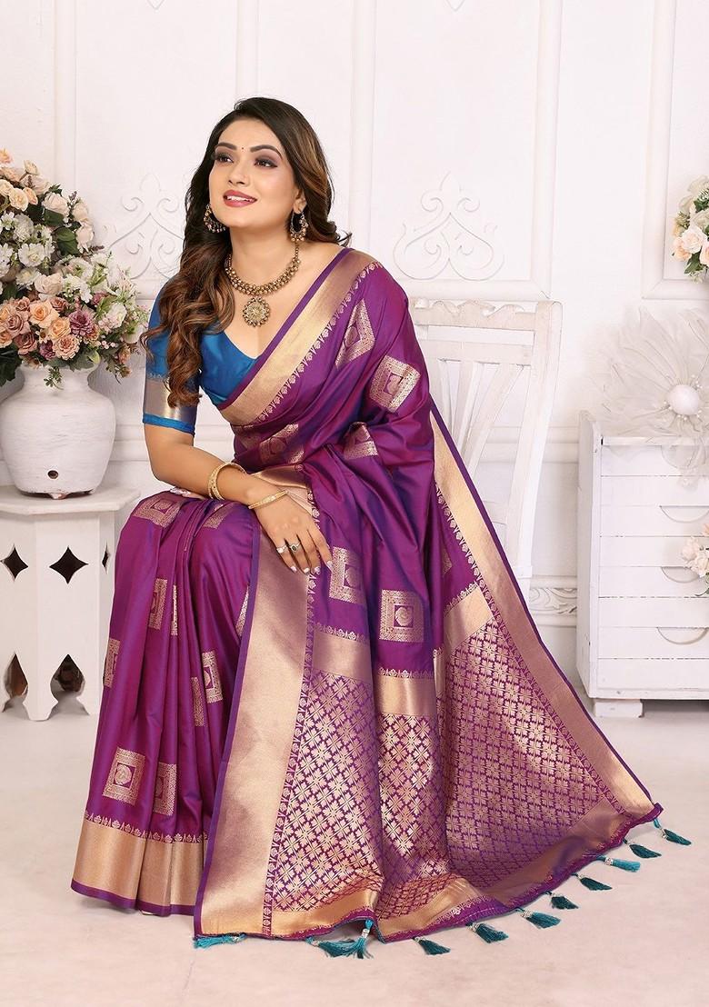 Purple Embroidered Blended Saree Set - Indya
