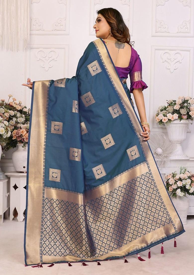 Teal Embroidered Blended Saree Set - Indya