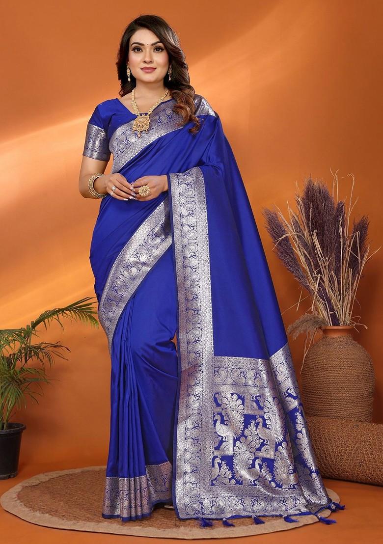 Blue Embroidered Blended Saree Set - Indya