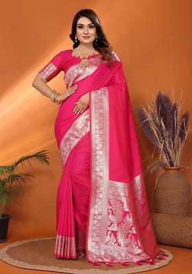 Pink Embroidered Blended Saree Set