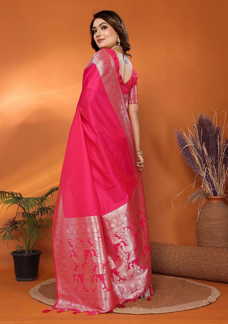 Pink Embroidered Blended Saree Set - Indya
