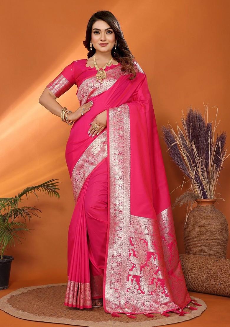 Pink Embroidered Blended Saree Set - Indya