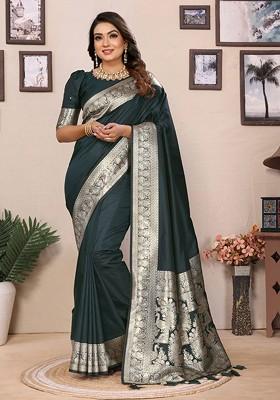 Green Embroidered Blended Saree Set