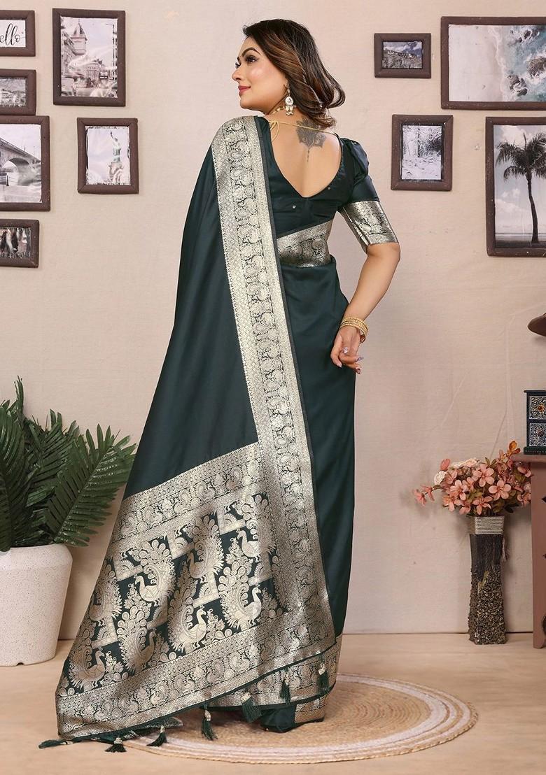 Green Embroidered Blended Saree Set - Indya