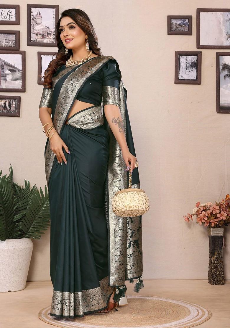 Green Embroidered Blended Saree Set - Indya