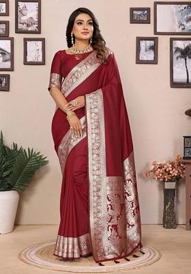 Maroon Embroidered Blended Saree Set