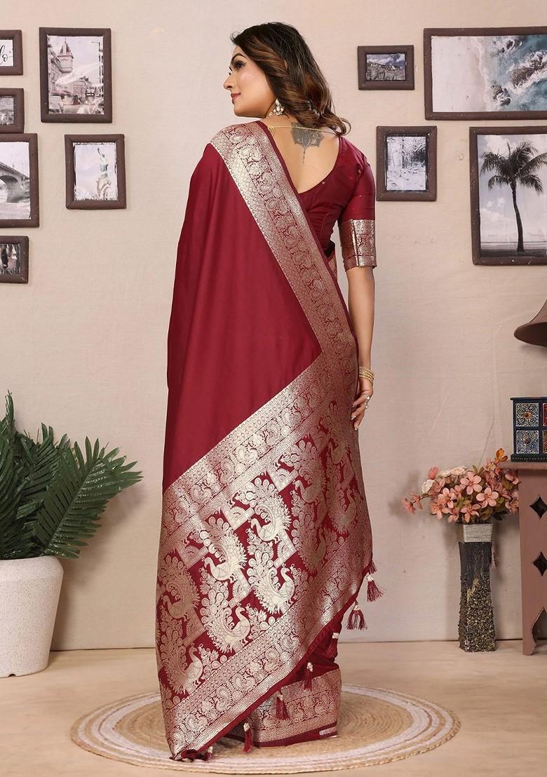 Maroon Embroidered Blended Saree Set - Indya