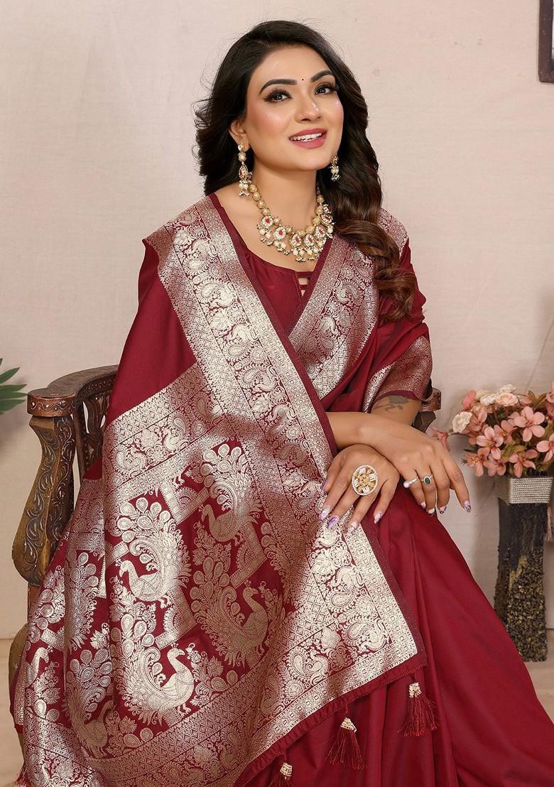 Maroon Embroidered Blended Saree Set - Indya
