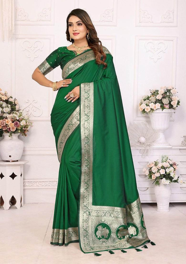 Green Embroidered Blended Saree Set - Indya