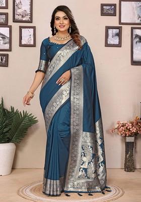 Teal Embroidered Blended Saree Set