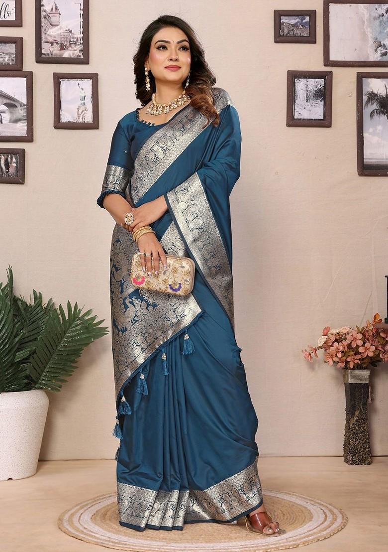 Teal Embroidered Blended Saree Set - Indya