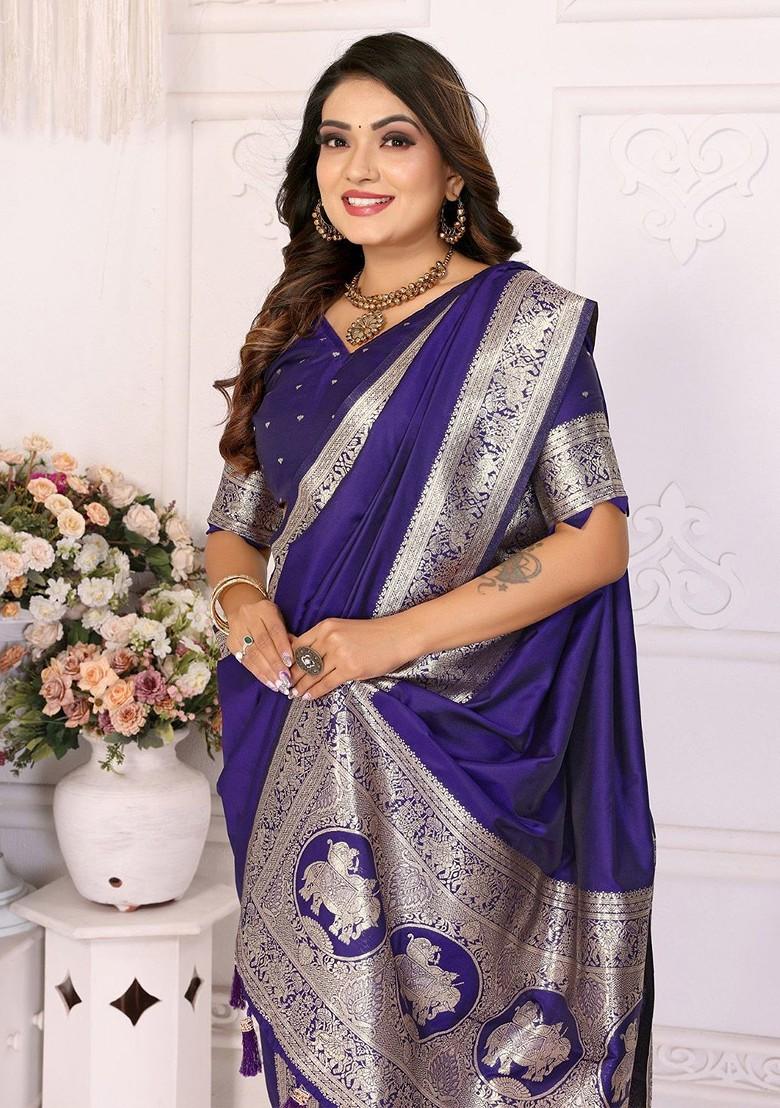 Blue Embroidered Blended Saree Set - Indya