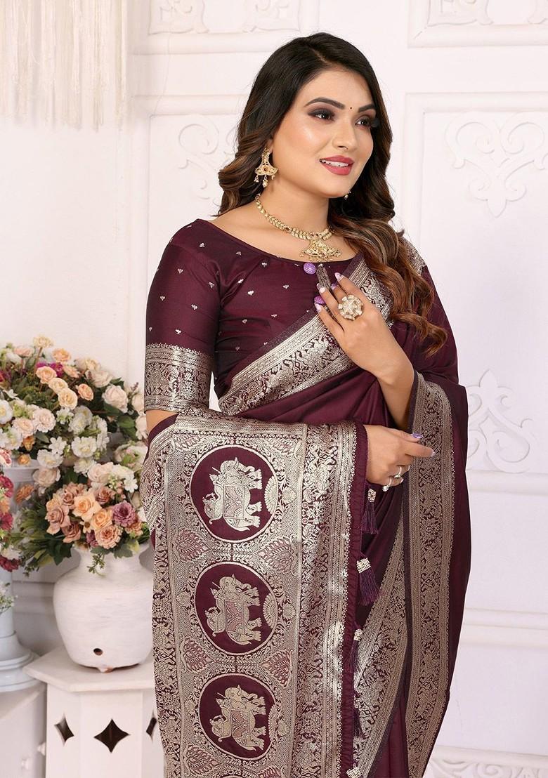 Maroon Embroidered Blended Saree Set - Indya