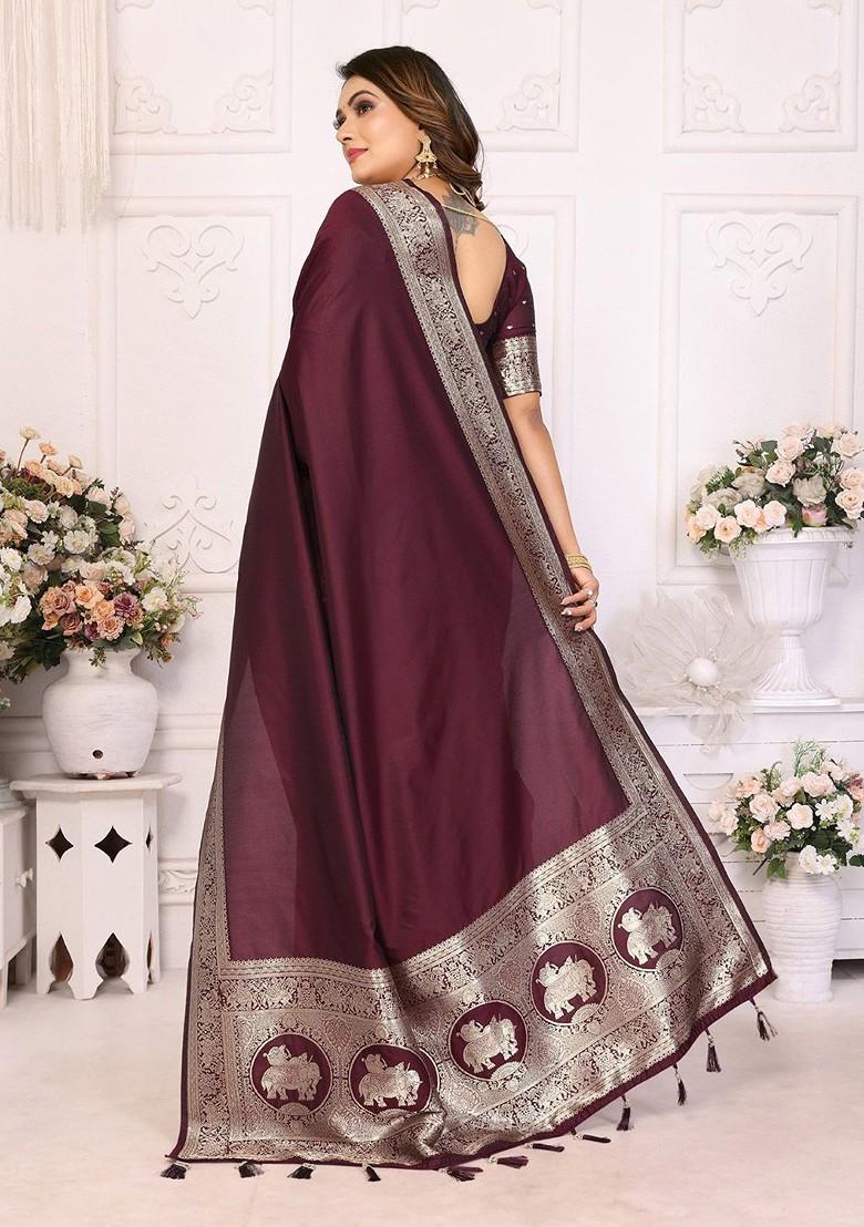 Maroon Embroidered Blended Saree Set - Indya