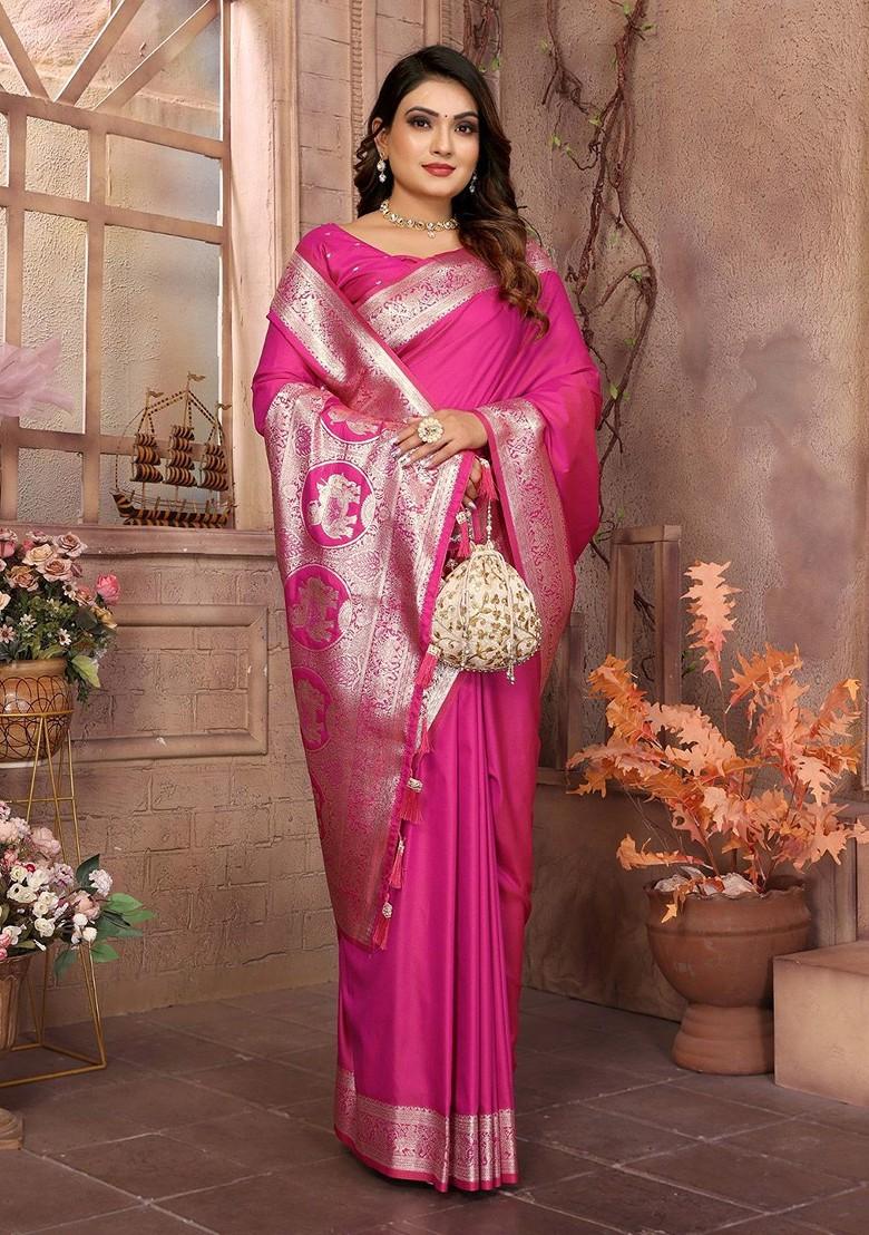 Pink Embroidered Blended Saree Set - Indya
