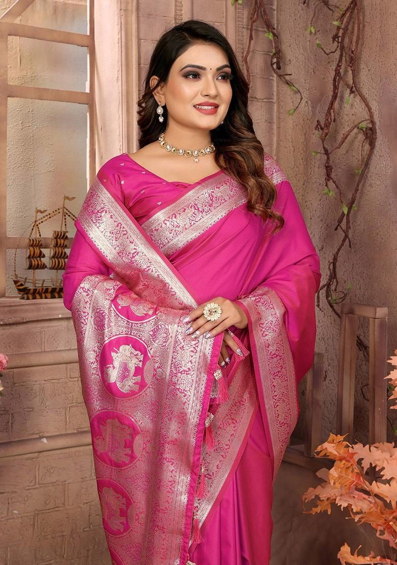 Pink Embroidered Blended Saree Set - Indya