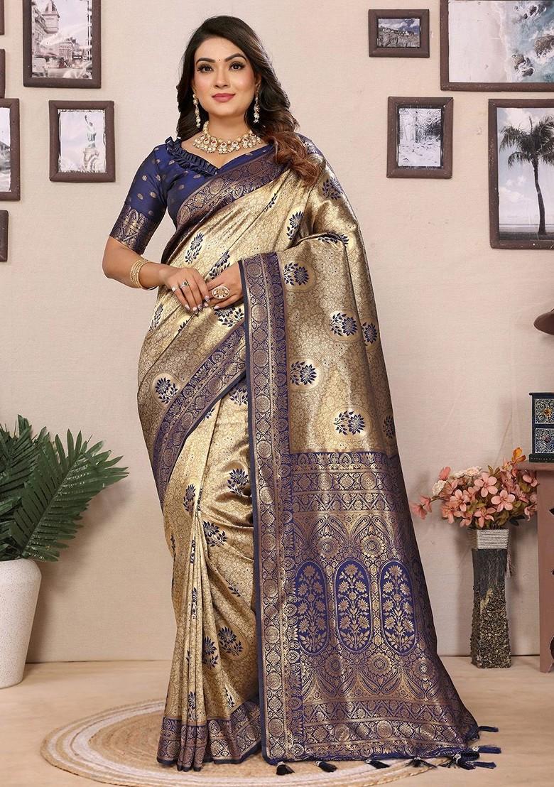 Blue Embroidered Blended Saree Set - Indya