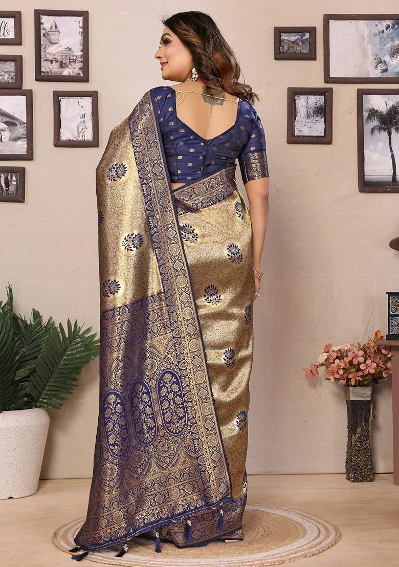 Blue Embroidered Blended Saree Set - Indya